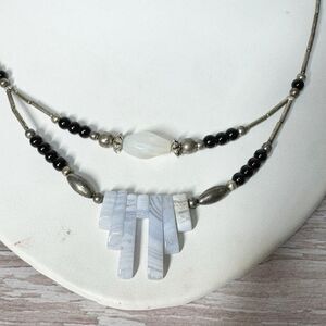 Vintage White Agate Stone Black Onyx Bead Southwest Tiered Necklace Silver Boho